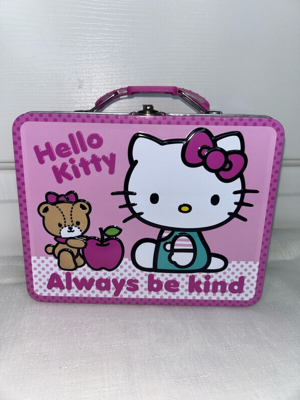 Hello Kitty Pink and White Tin Lunchbox with Always Be Kind Graphic